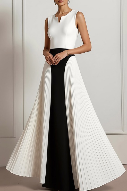 White Formal Evening Dress Notched Round Neck Pleated Maxi Dress