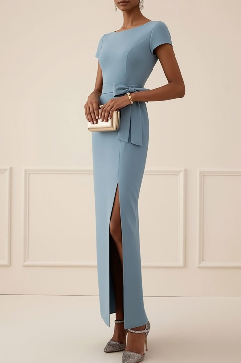 Dusty Blue Formal Dress Crew Neck Short Sleeve Maxi Dress with Slit