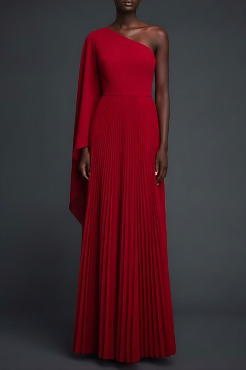 Red Formal Evening Dress One Shoulder Pleated Maxi Dress with Cape