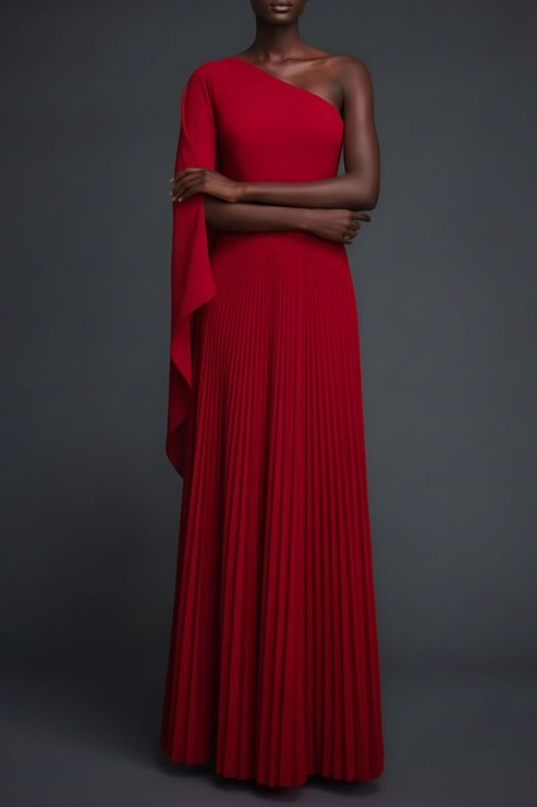 Red Formal Evening Dress One Shoulder Pleated Maxi Dress with Cape