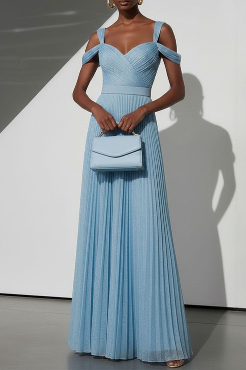 Sky Blue Formal Evening Dress Cold Shoulder Pleated Maxi Dress
