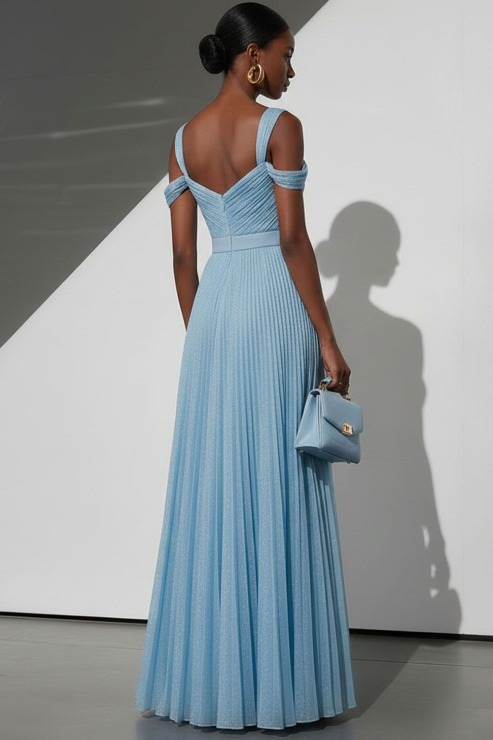 Sky Blue Formal Evening Dress Cold Shoulder Pleated Maxi Dress