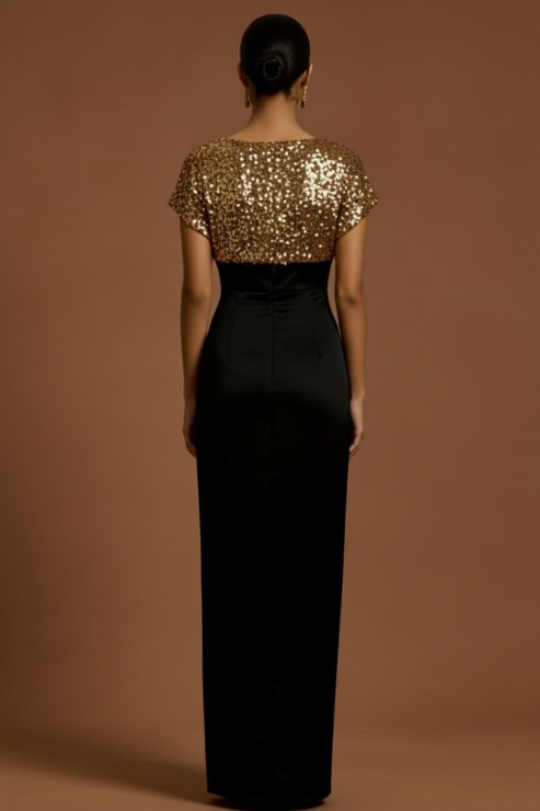 Golden Formal Evening Dress Sheath Crew Neck Sequin Maxi Dress