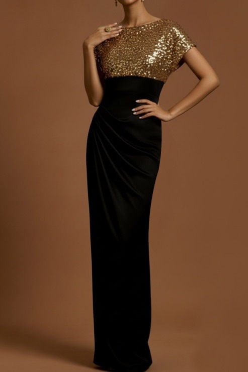 Golden Formal Evening Dress Sheath Crew Neck Sequin Maxi Dress