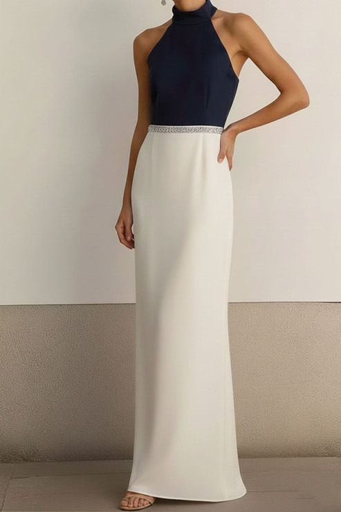 White Formal Evening Dress Sheath Halter Sleeveless Maxi Dress