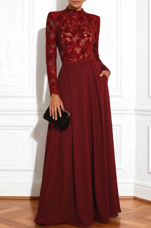 Red Formal Dress A-Line High Neck Long Sleeve Lace Maxi Dress with Pocket