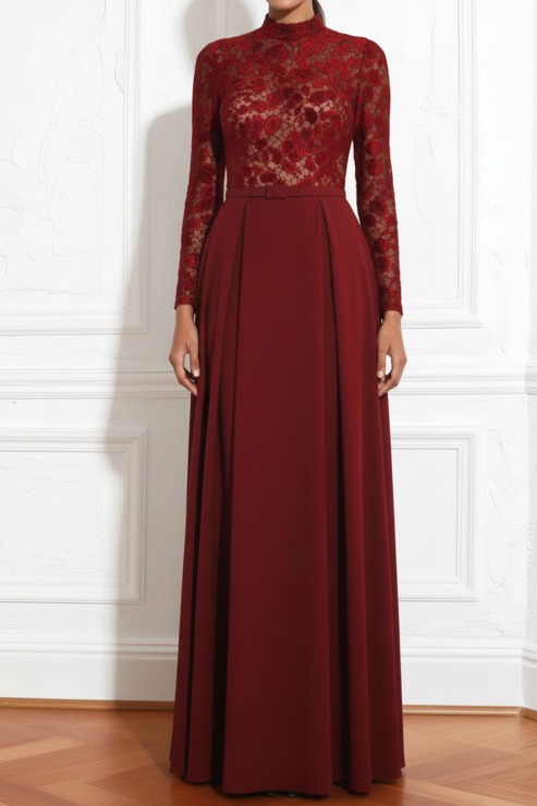 Red Formal Dress A-Line High Neck Long Sleeve Lace Maxi Dress with Pocket