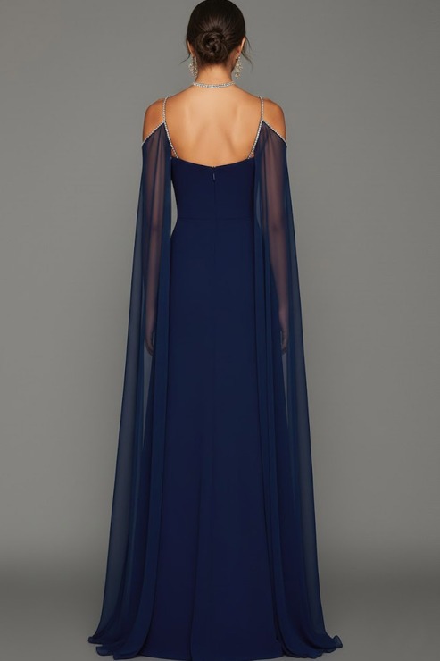 Navy Evening Formal Dress A-Line V Neck Cape Chiffon Maxi Dress