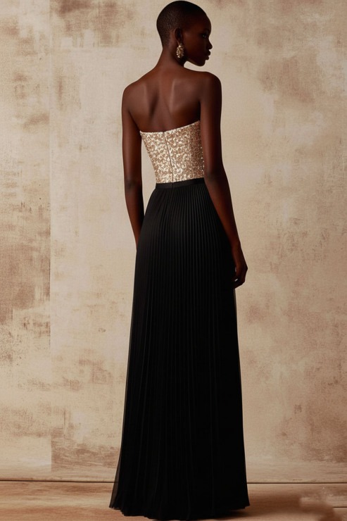 Golden Formal Evening Dress Strapless Sequin Pleated Maxi Dress