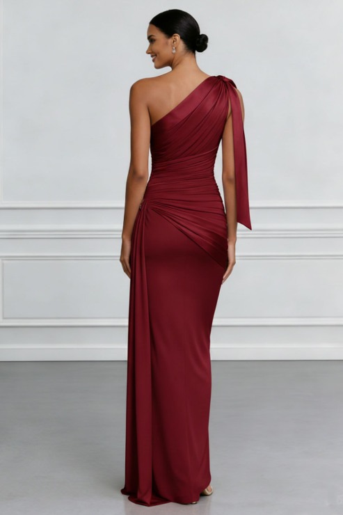 Burgundy Formal Dress One Shoulder Ruched Chiffon Maxi Dress with Slit