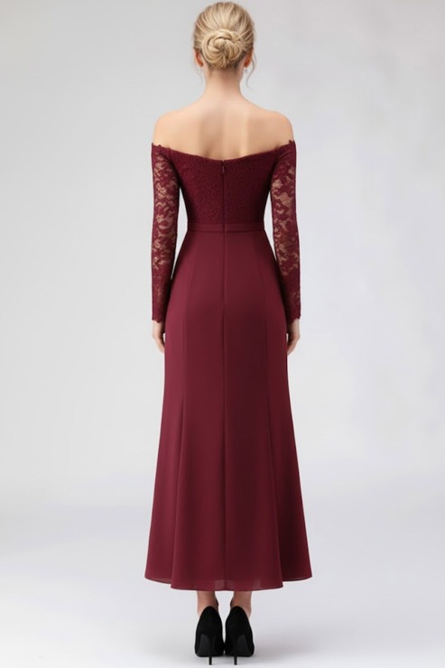 Burgundy Mother of the Bride Dress Off the Shoulder Long Sleeve Chiffon Maxi Dress