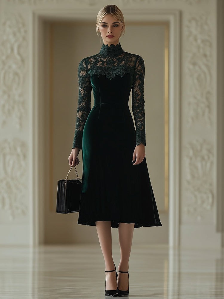 Elegant Retro Velvet Stitching Lace High Collar Long Sleeve Midi Dress