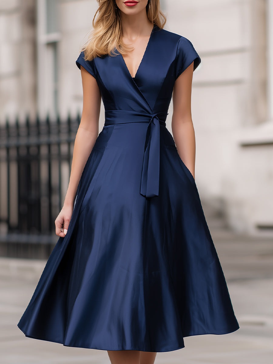 Navy Satin Wrap Midi Dress – Timeless Elegance With A Flattering Silhouette