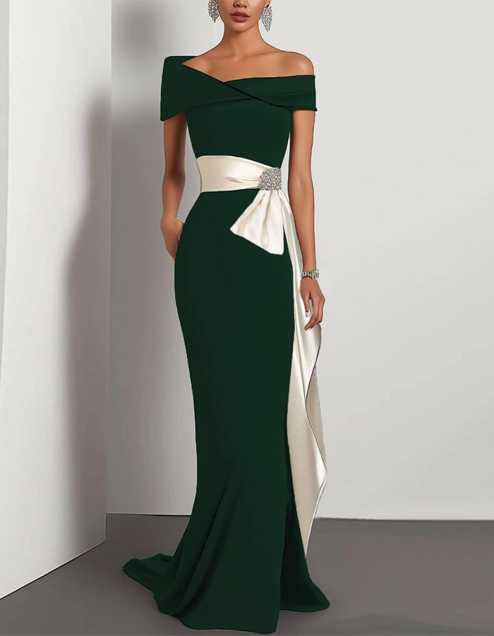 Formal Dress Green One-Shoulder Rhinestone Waist Belt Maxi Dress