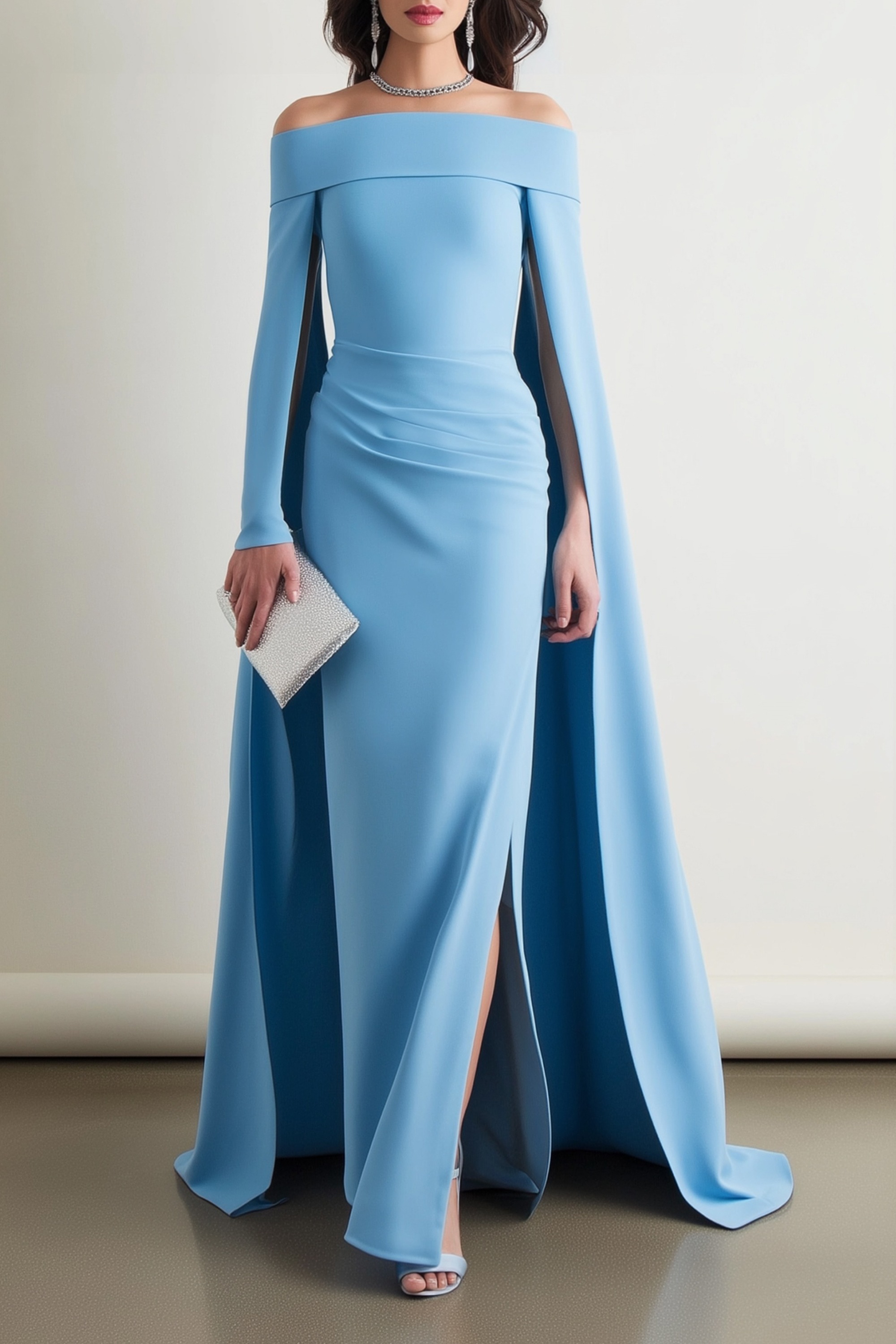 Formal ​Evening Dress Blue Off Shoulder Cape Maxi Dress