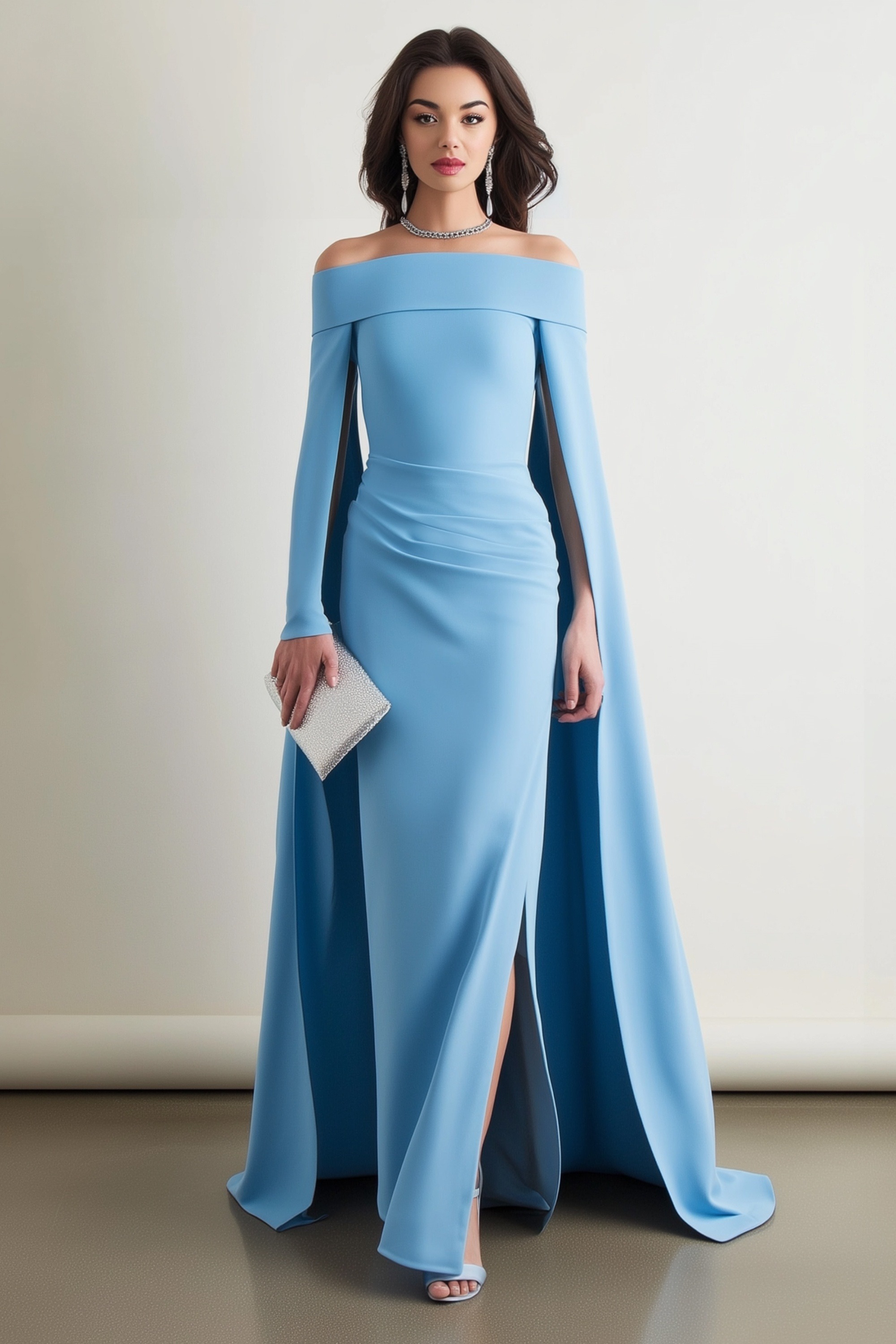 Formal ​Evening Dress Blue Off Shoulder Cape Maxi Dress