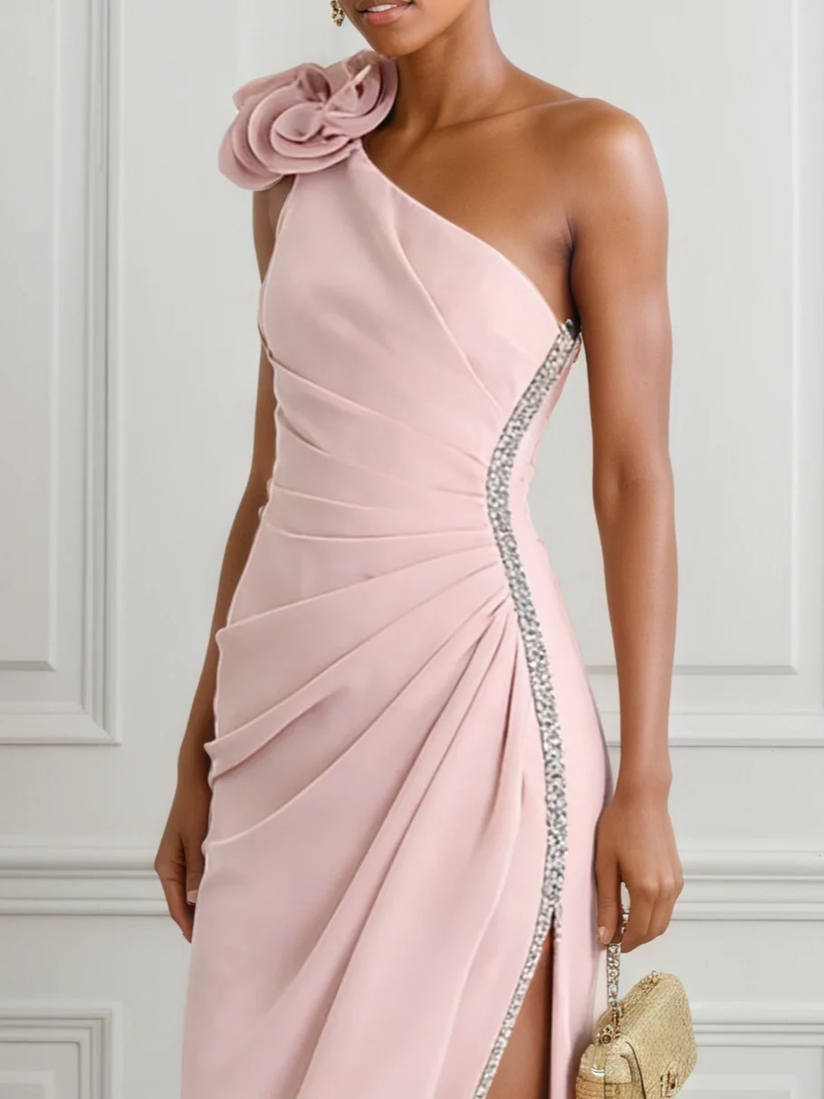 Pink 3D Floral Rhinestone Classic One Shoulder Sleeveless Sheath Maxi Dress
