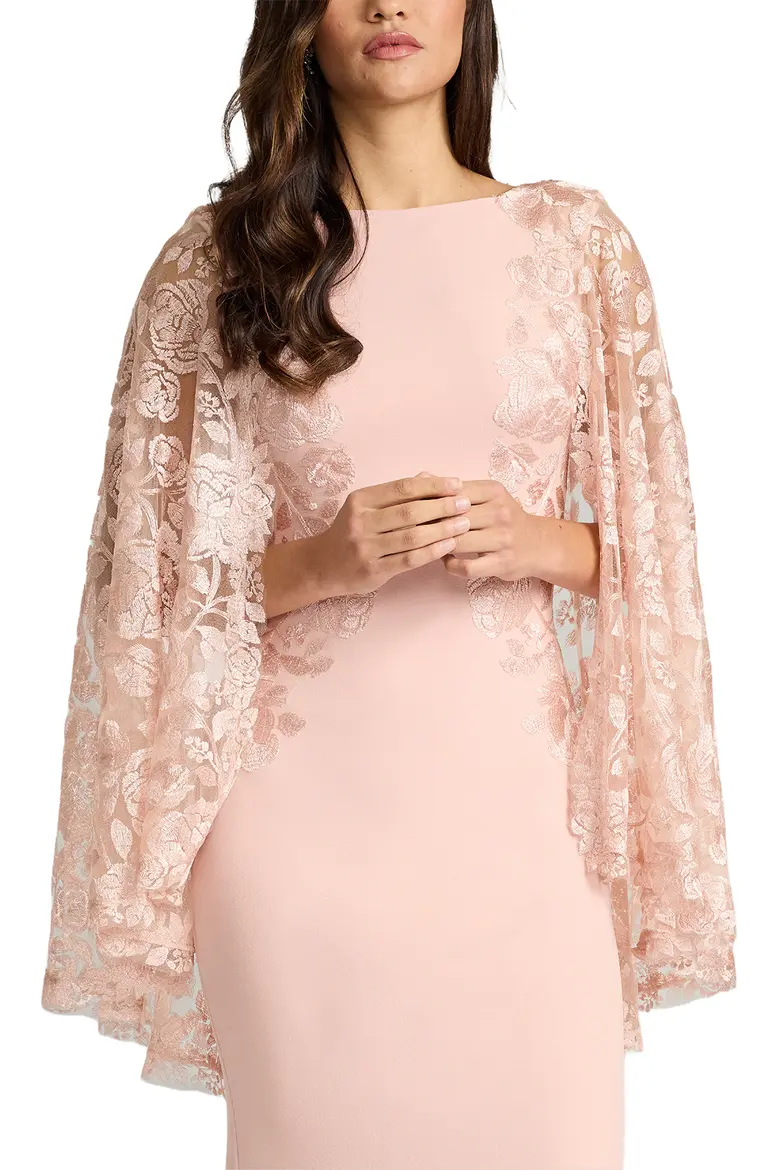 Bateau Neck Lace Cape Overlay Evening Gown