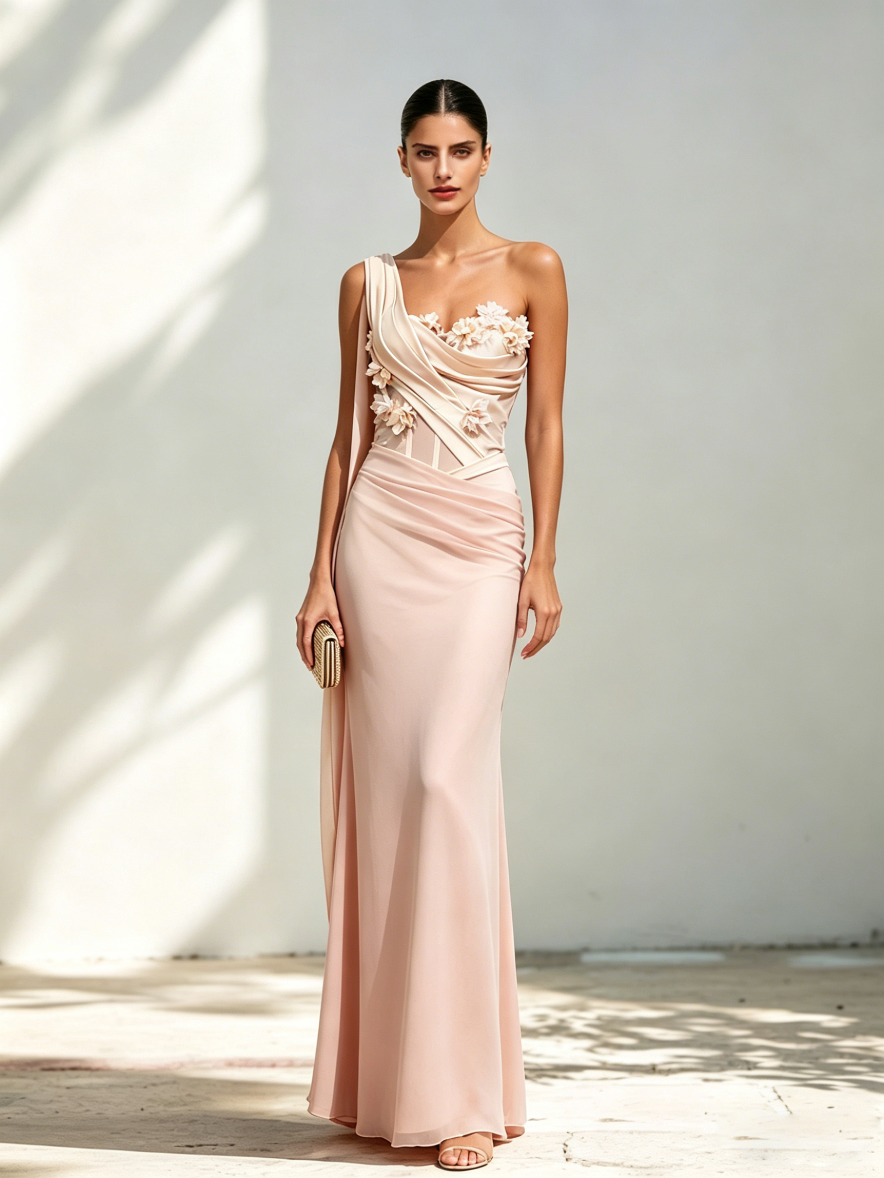 One-Shoulder Floral Applique Draped Long Evening Dress