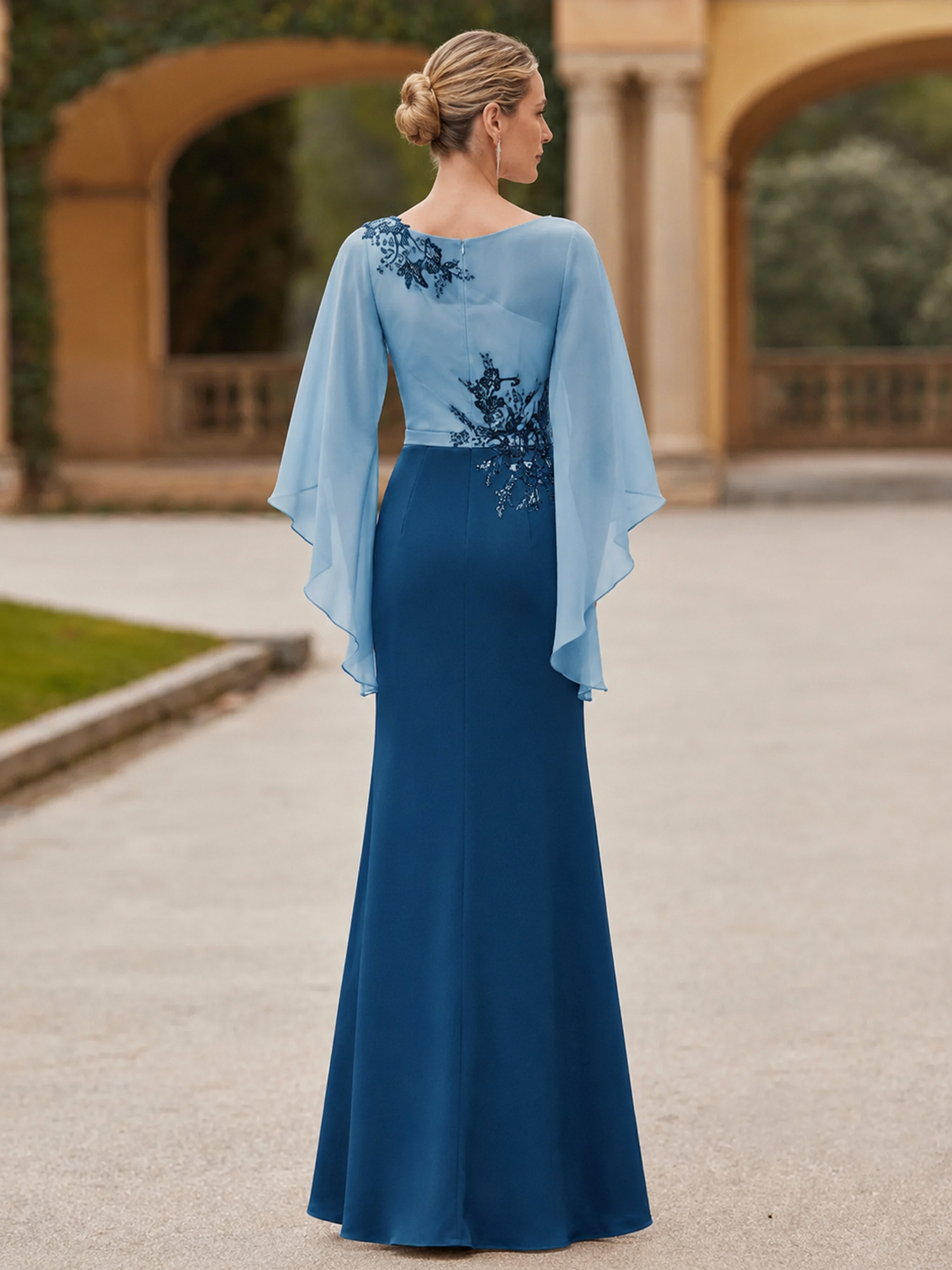 Chiffon Capelet Sheath Long Evening Dress With Beaded Embroidery