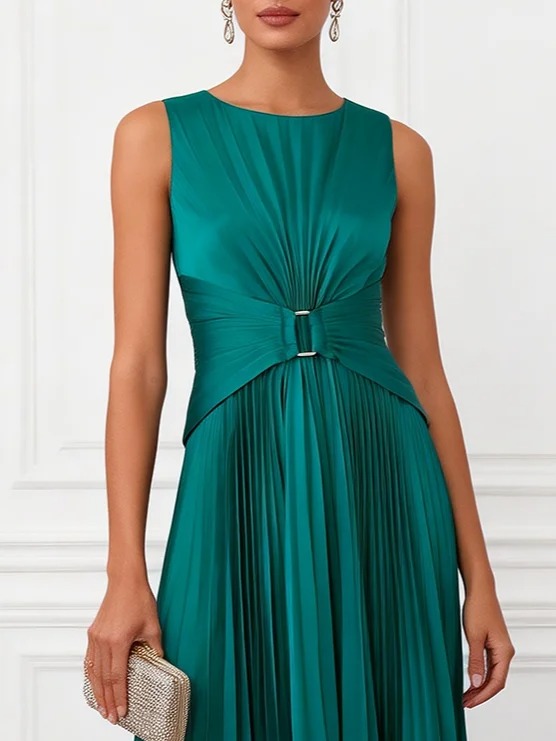 Green Pleated Satin Boat Neck Sleeveless A-Line Midi Dress