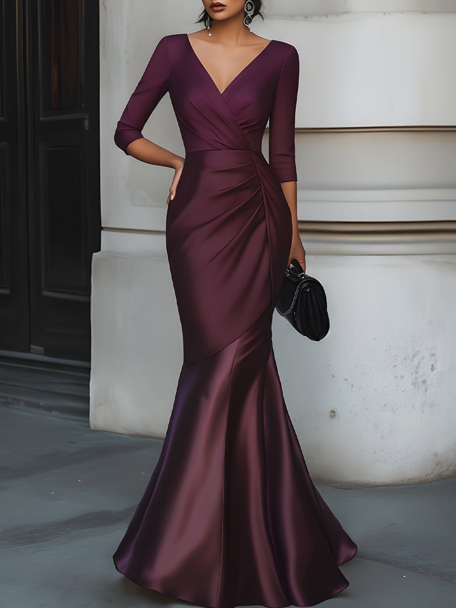 Purple V-Neck Satin Draped Mermaid Evening Dress