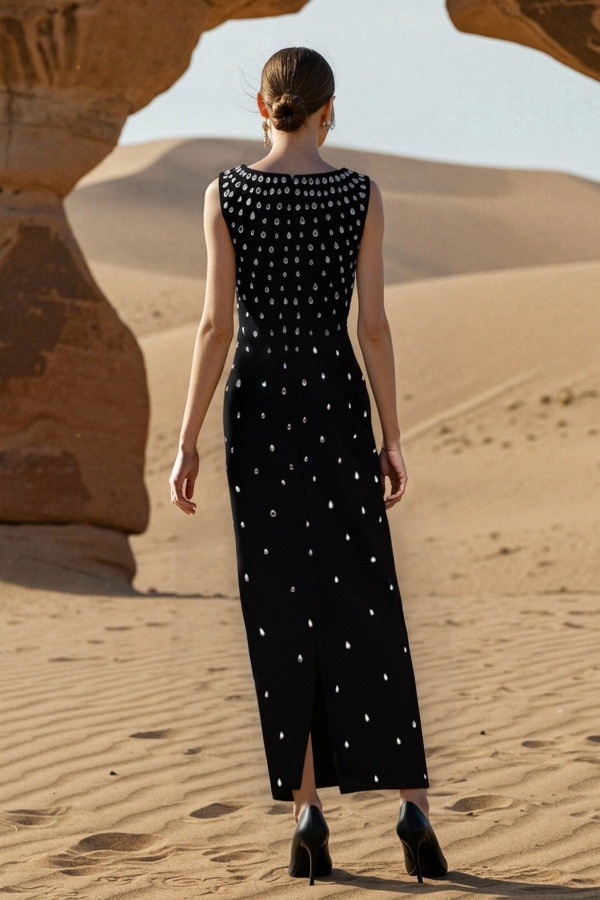 Formal Evening Dress Black Square Neck Rhinestones Maxi Dress
