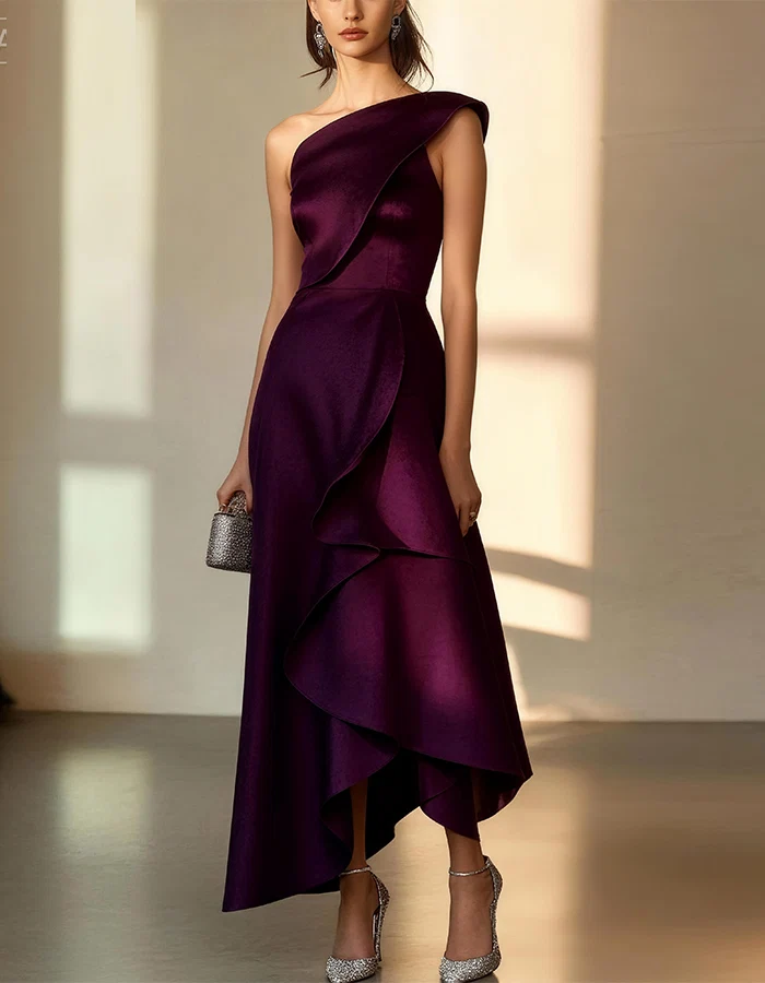 One-Shoulder Ruffle-Trim Satin Evening Gown