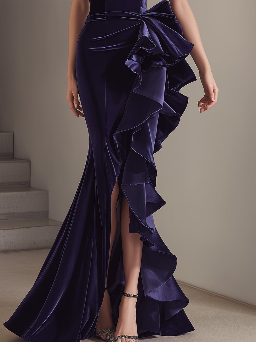 Purple Strapless Royal Purple Velvet Ruffle Evening Gown