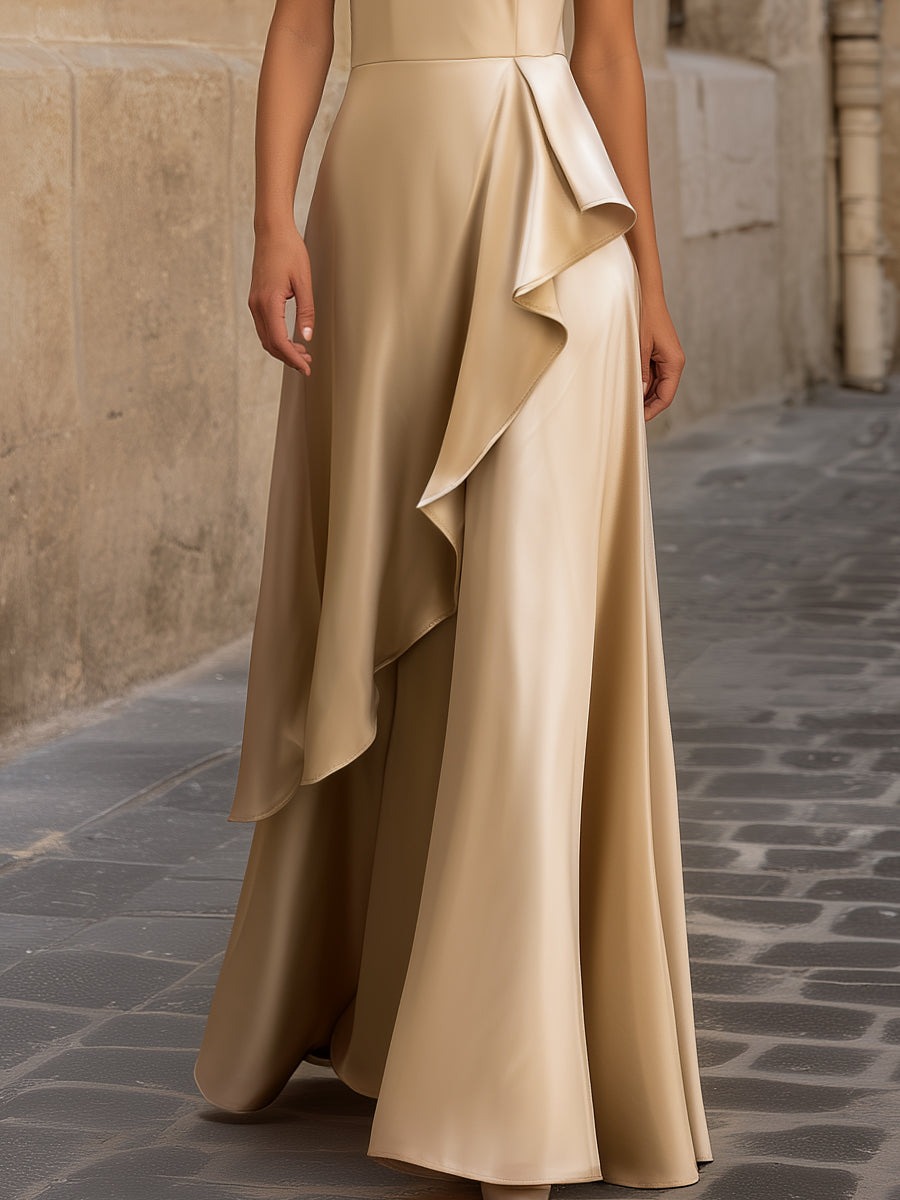 Champagne Elegant Satin V-Neck Maxi Dress With Asymmetric Ruffle