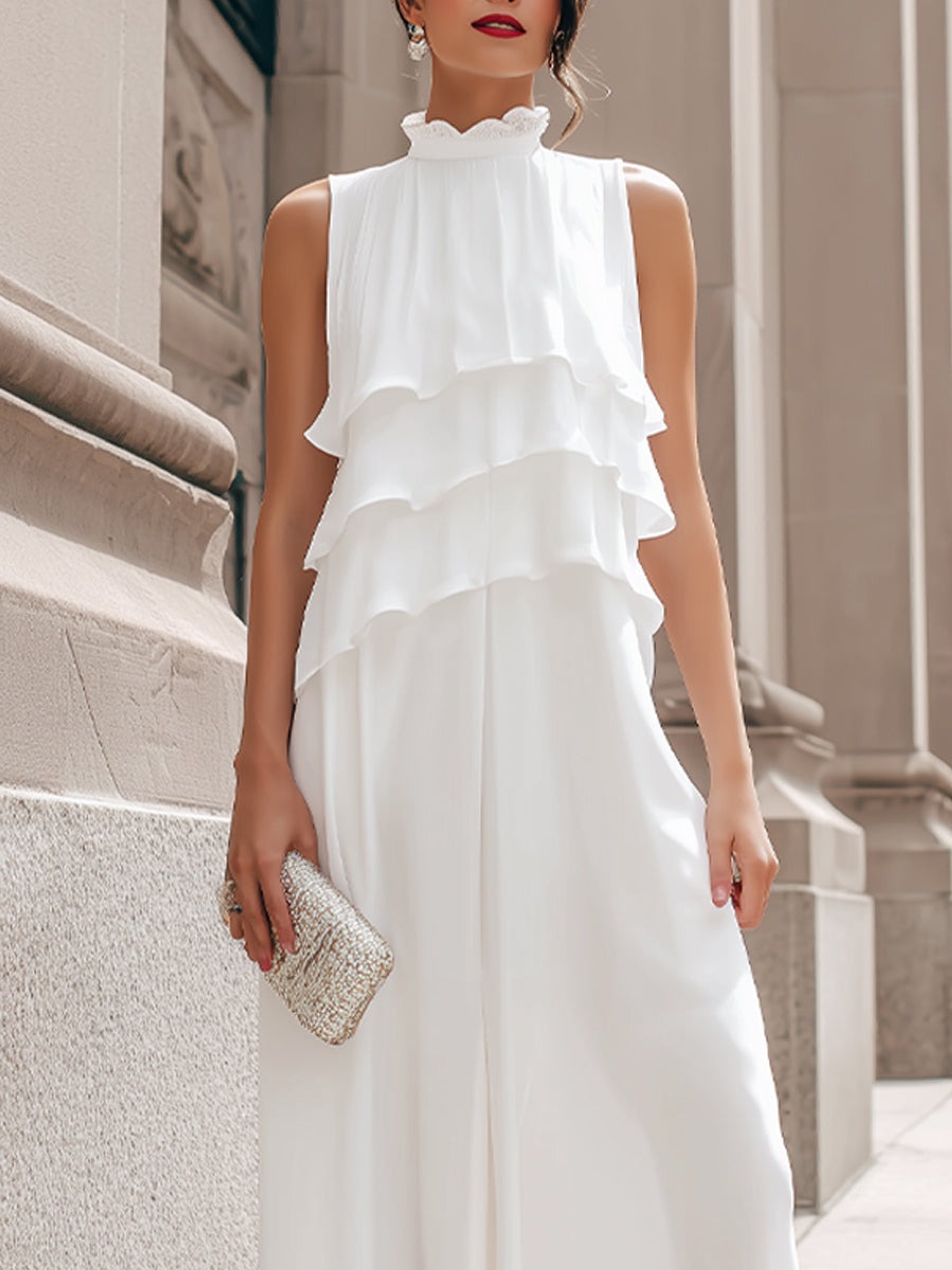 White Sleeveless Layered High-Neck Maxi Dress