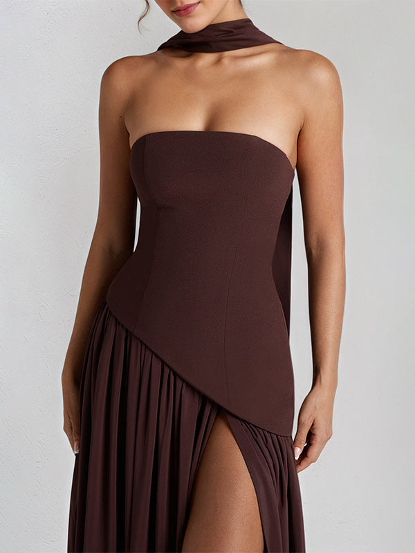 Elegant Mint Green Strapless Pleated Maxi Dress With Slit