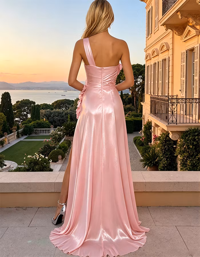 Pink One-Shoulder Satin 3D Floral Maxi Dress