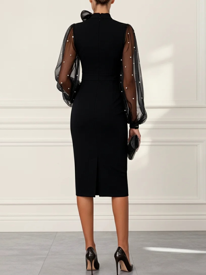 Black Faux Pearl Bow Classic Tie Neck Long Sleeve Balloon Sleeve Sheath Midi Dress