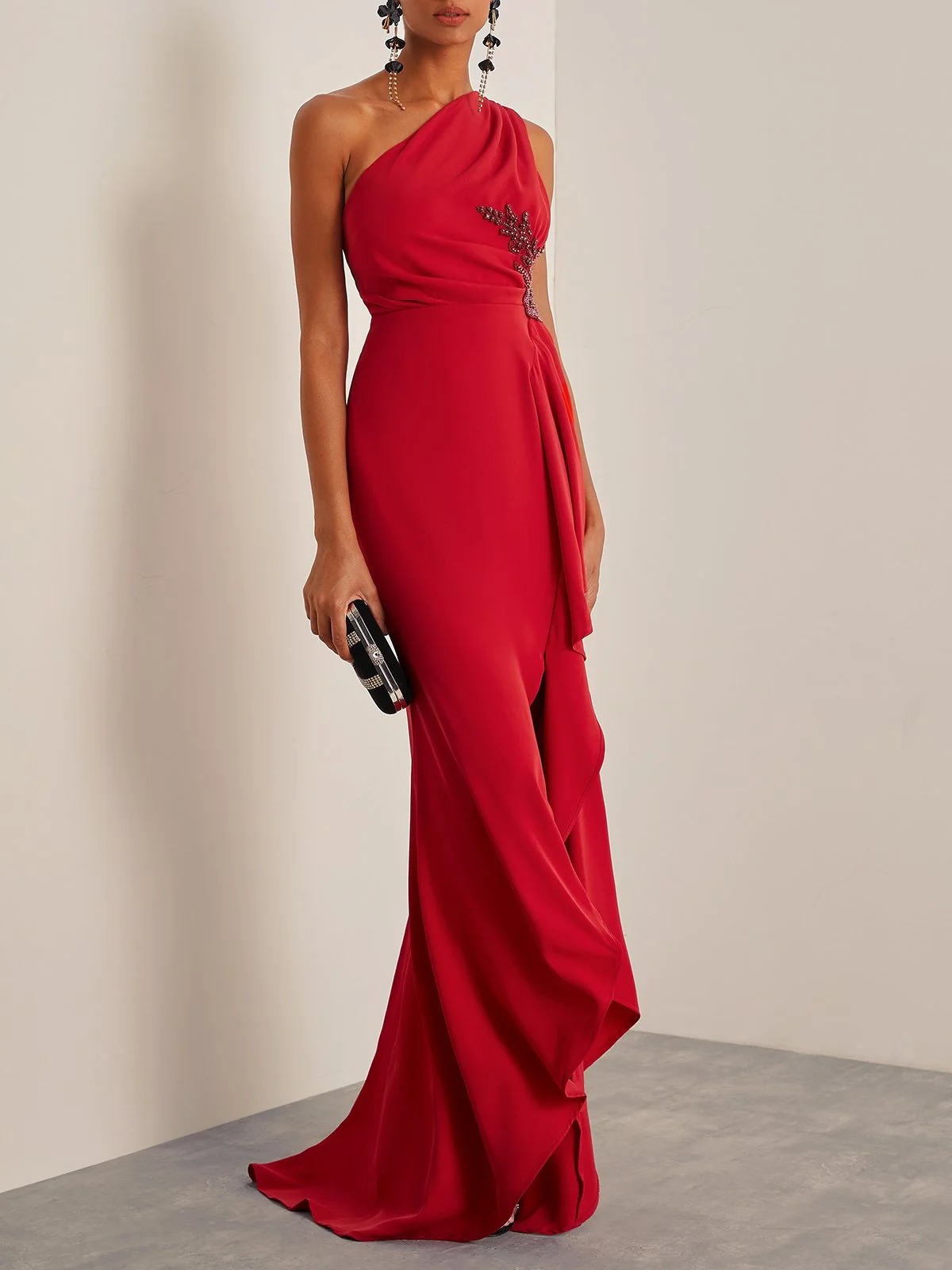 Red Beaded One Shoulder Sleeveless Slit Sheath Gown Dress