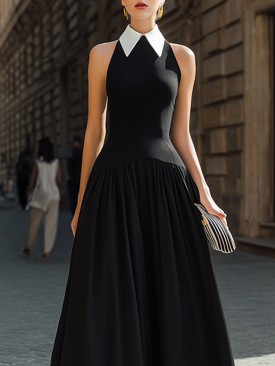 Black Halter Collar Pleated Maxi Dress