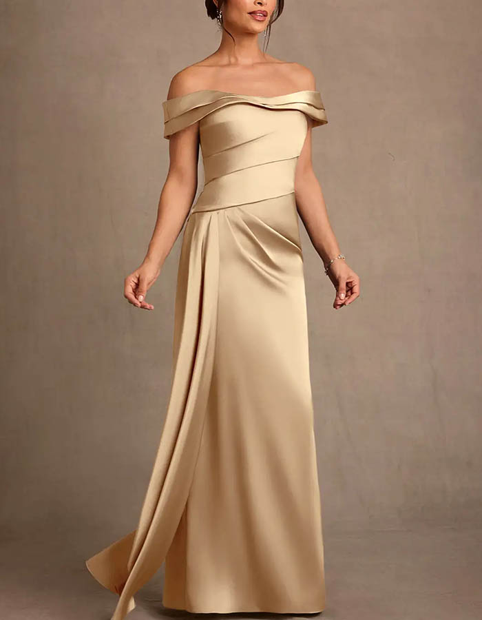 Champagne Satin Off-the-Shoulder Ruched Bodice Maxi Dress