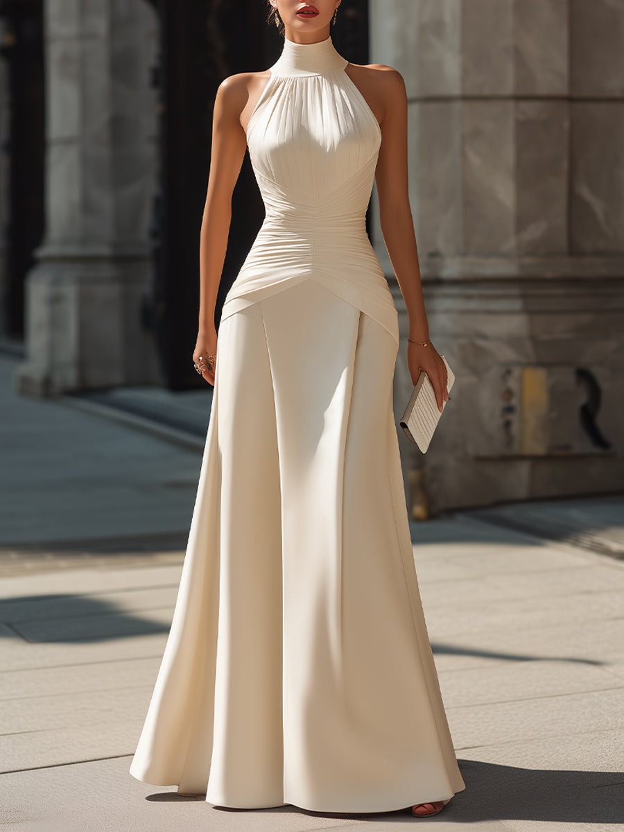 Ivory Halter Neck Draped Maxi Dress With Sculpted Waist