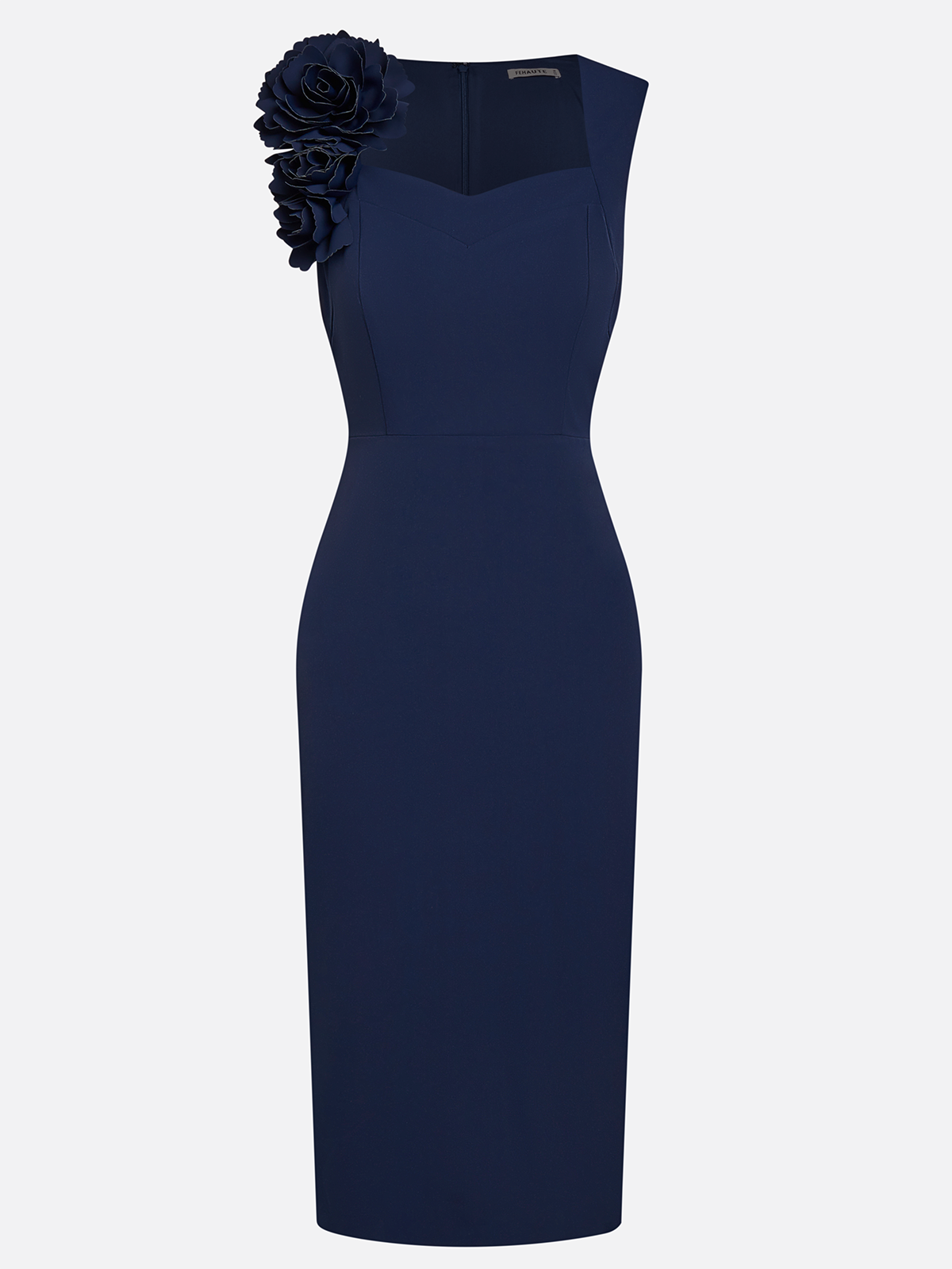 Blue 3D Floral Classic Sweetheart Neckline Sleeveless Sheath Midi Dress