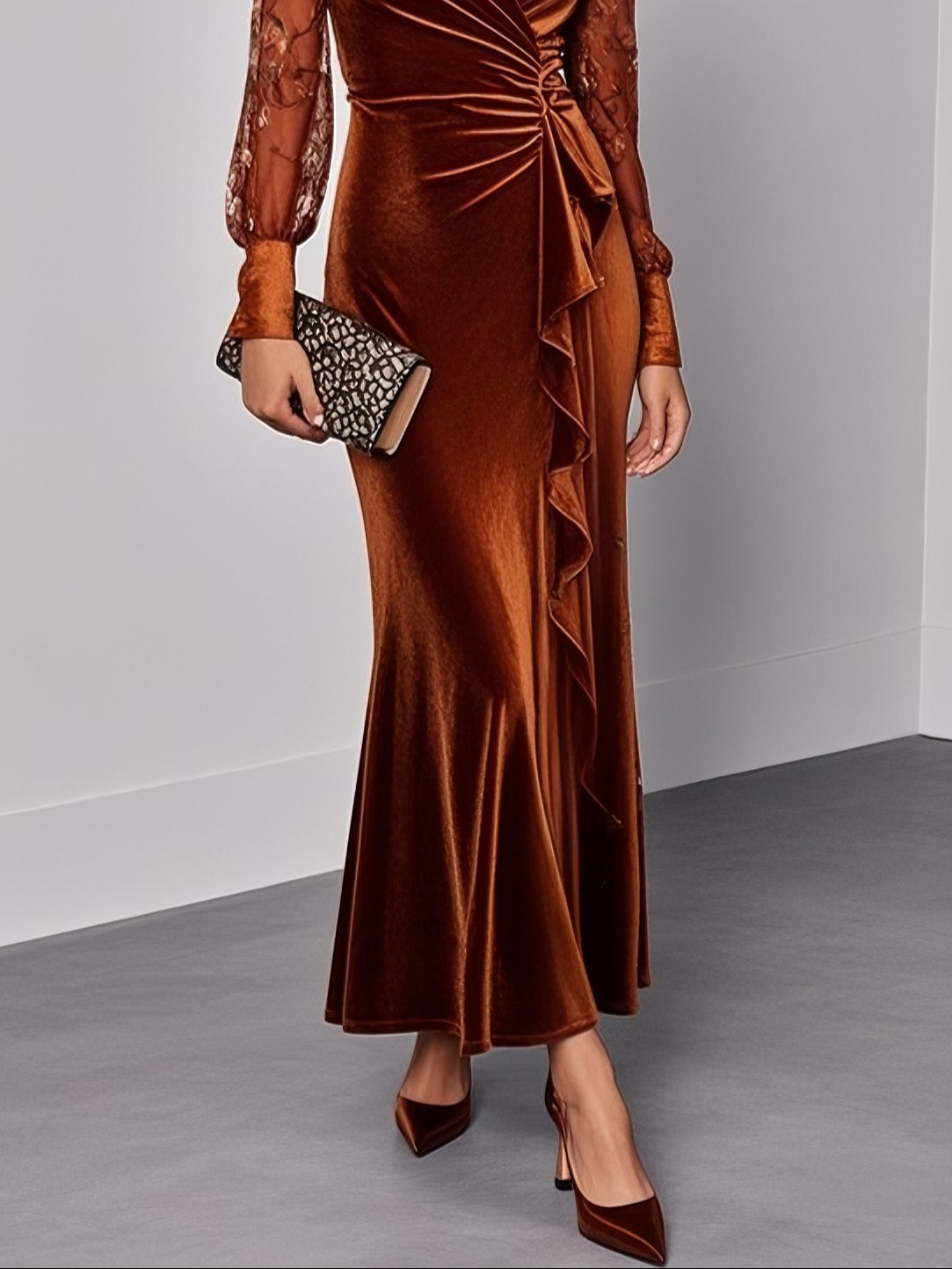 Caramel Lace Ruffled Velvet V Neck Long Sleeve Balloon Sleeve Sheath Maxi Dress
