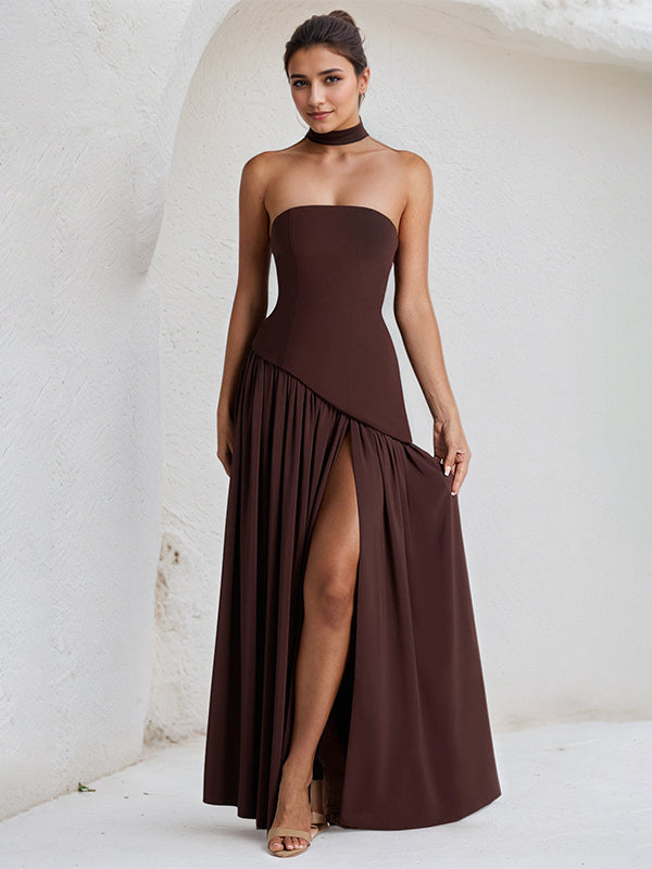 Elegant Mint Green Strapless Pleated Maxi Dress With Slit