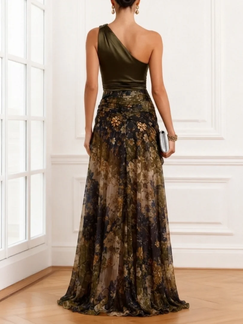 One-Shoulder Draped Floral Print Long Evening Dress