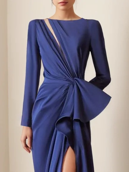 Navy Blue Cut Out Ruched Long Sleeve Slit A-Line Gown Maxi Dress