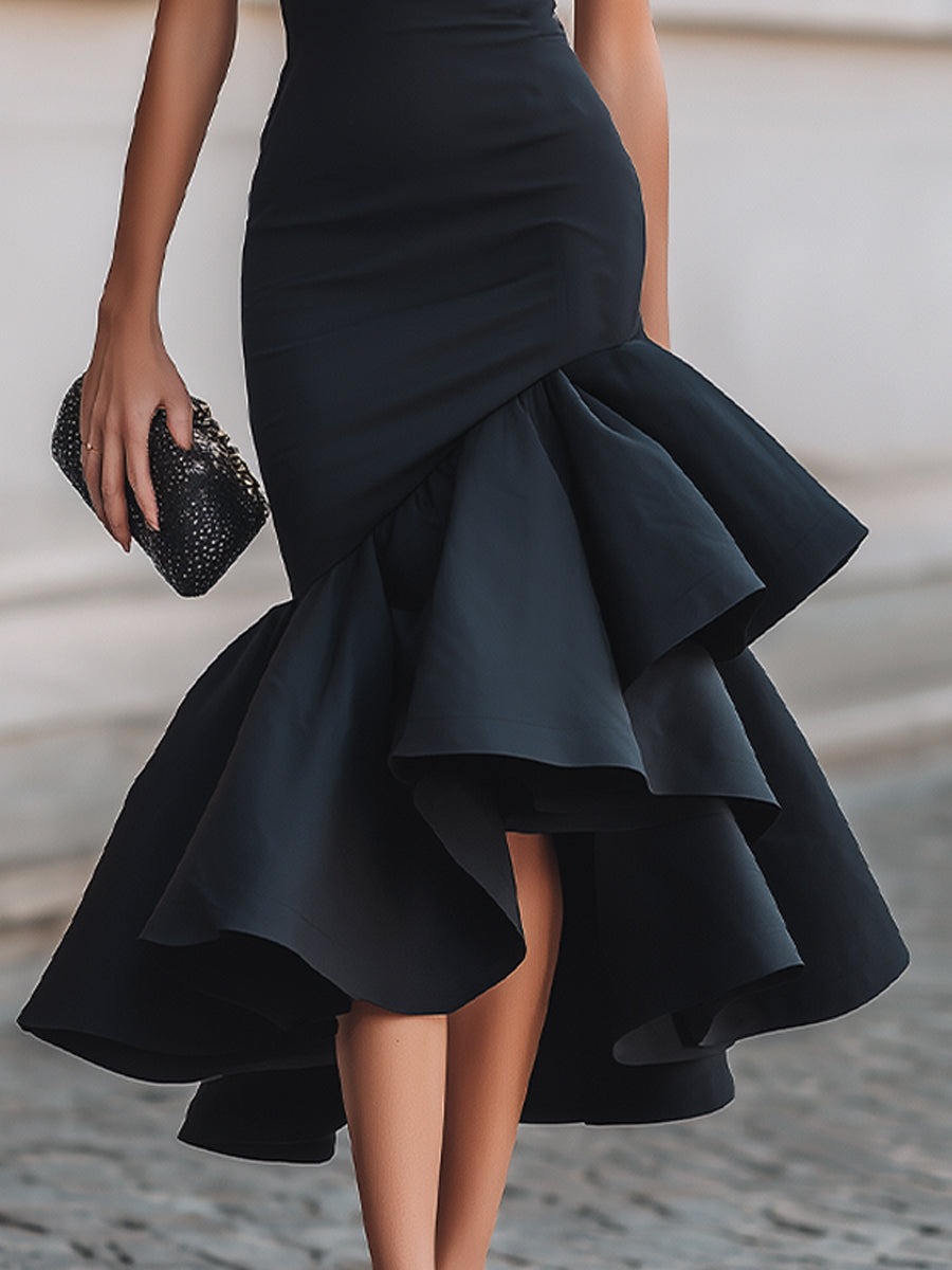 Black Asymmetrical Ruffle Hem Tailored Midi Dress
