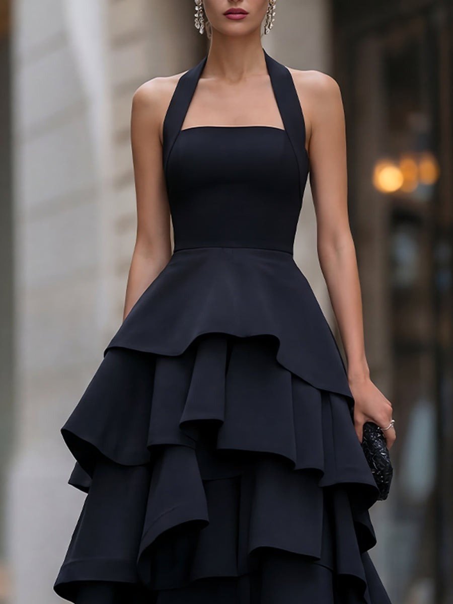 Black Halter-Neck Tiered Ruffle Midi Dress