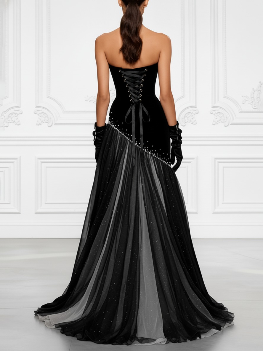 Black Hot Drilling Classic Mesh Strapless Sleeveless A-Line Gown Dress
