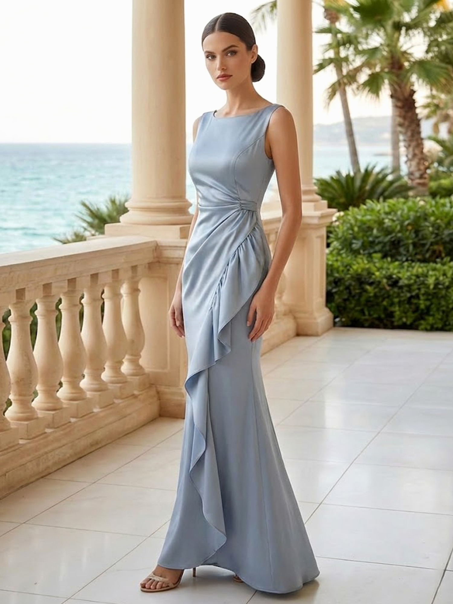 Grey Asymmetric Draped Satin Flowing Maxi Dress