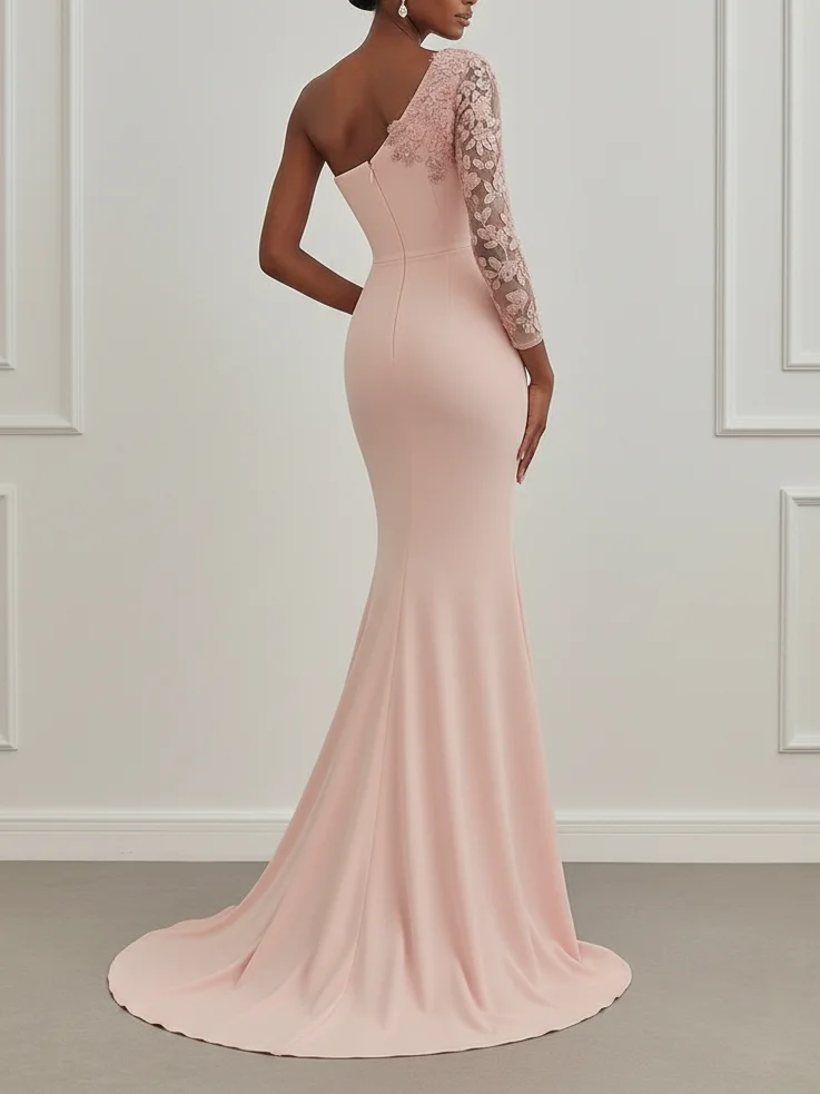Pink Lace Classic One Shoulder Long Sleeve Mermaid Gown Dress