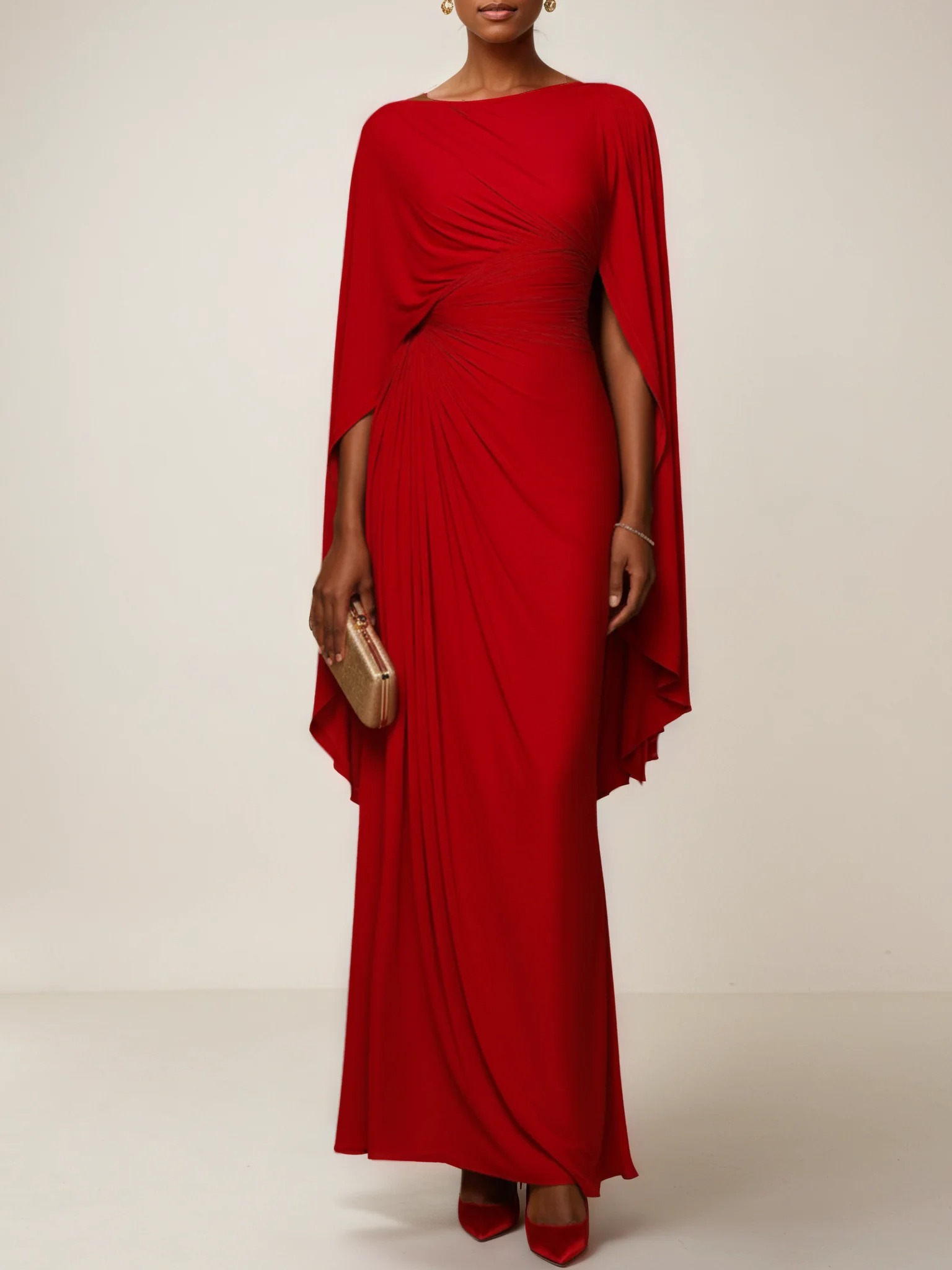 Red Ruched Knit Crew Neck Half Cape Sleeve Shift Maxi Dress