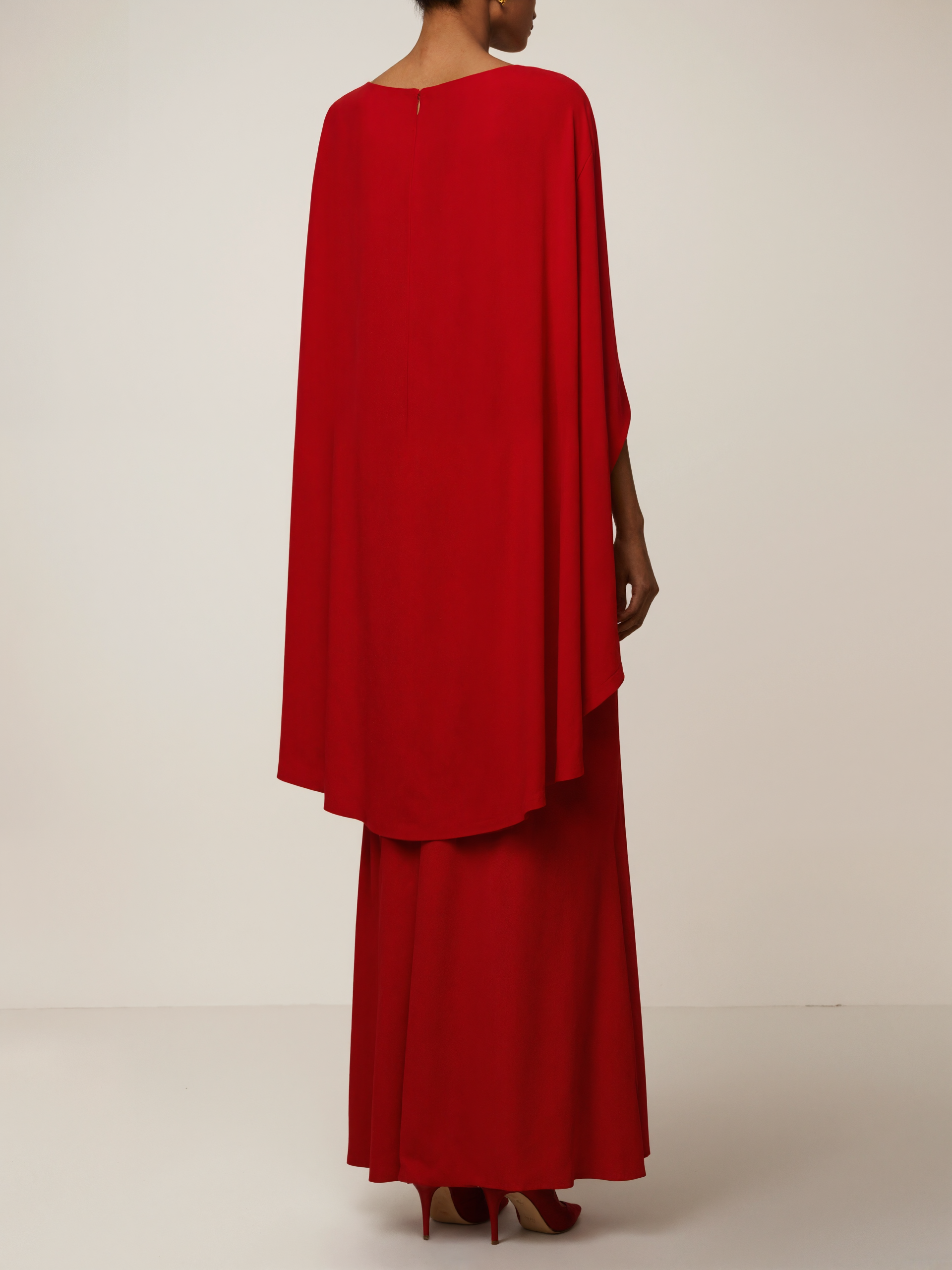 Red Ruched Knit Crew Neck Half Cape Sleeve Shift Maxi Dress